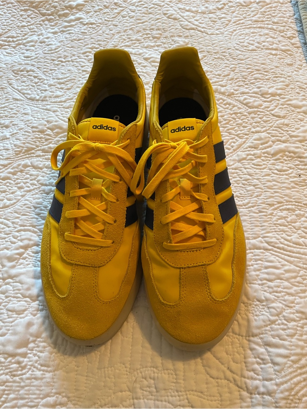 adidas Men’s Yellow Athletic Sneakers with Blue Stripes
